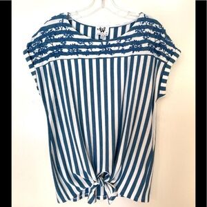 Anthropologie Blue and White Embroidered Tie Front Blouse Medium